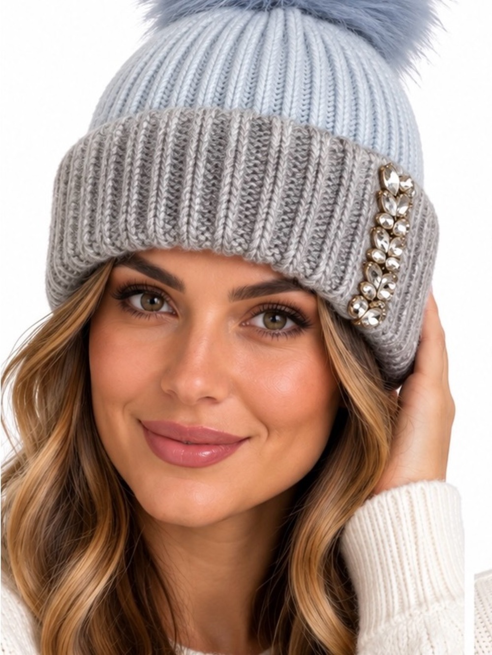 Knit Pom Beanie in Light Blue, Gray and lilac- Brand